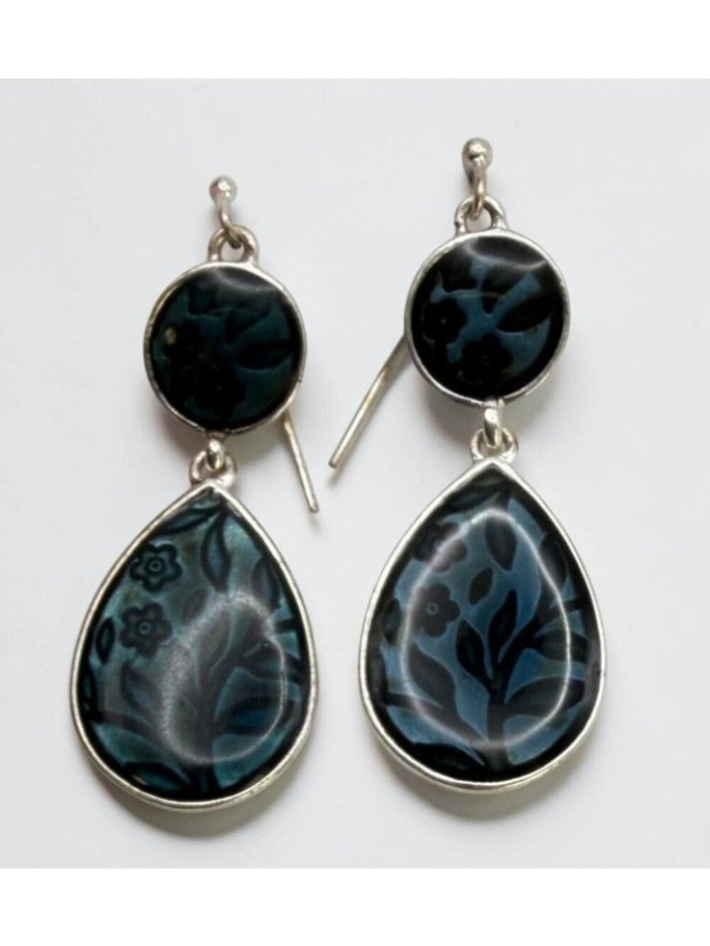 Silver Tone Dangle Drop Earrings Floral Motif Boho Nature Teardrop